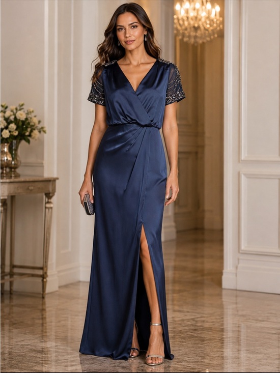 Aidan Mattox Dresses & Skirts - Aidan Mattox beautiful beads & jewels short sleeve satin long gown